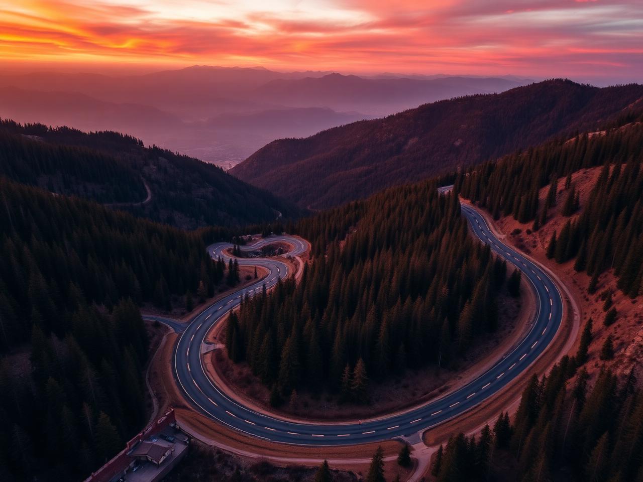 A winding road through mountains at sunset
